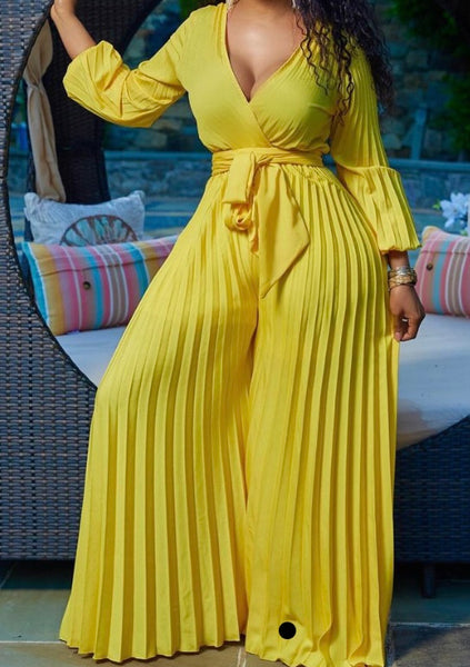 Women Sexy V-Neck Full Sleeve Belted Pleated Jumpsuit