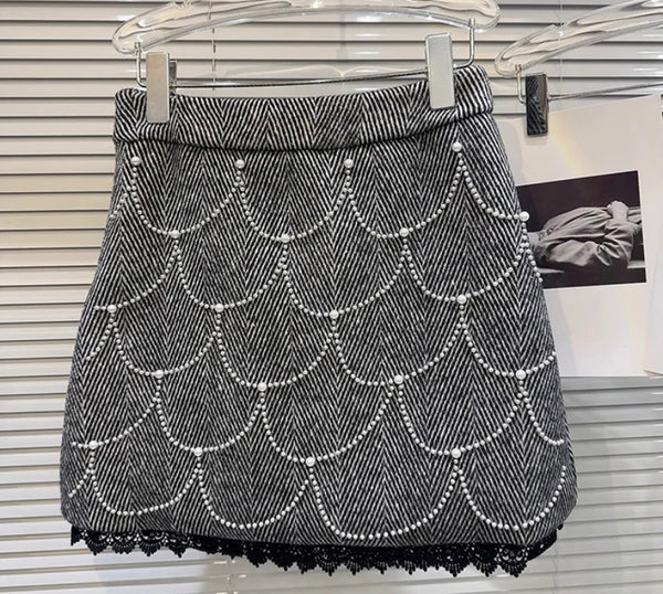 Women Fashion Pearl Patchwork Tweed Two Piece Skirt Set