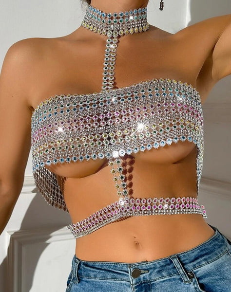 Women Fashion Halter Sleeveless Bling Open Back Crop Top