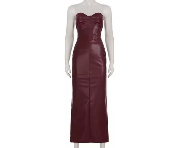 Women Sexy Strapless Burgundy Faux Leather Maxi Dress