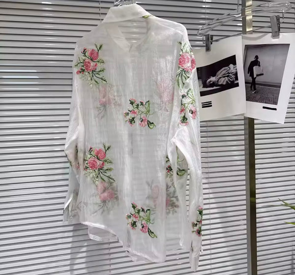 Women Floral Collar Button Up Full Sleeve Two Piece Short Set