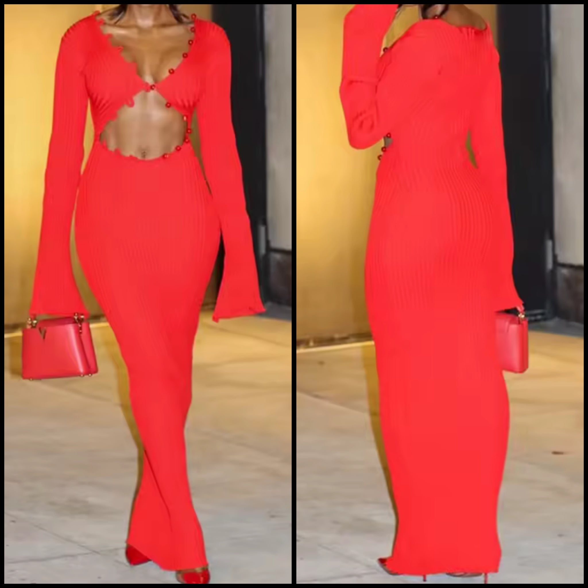 Women Red Cut Out Full Sleeve Sexy Maxi Dress
