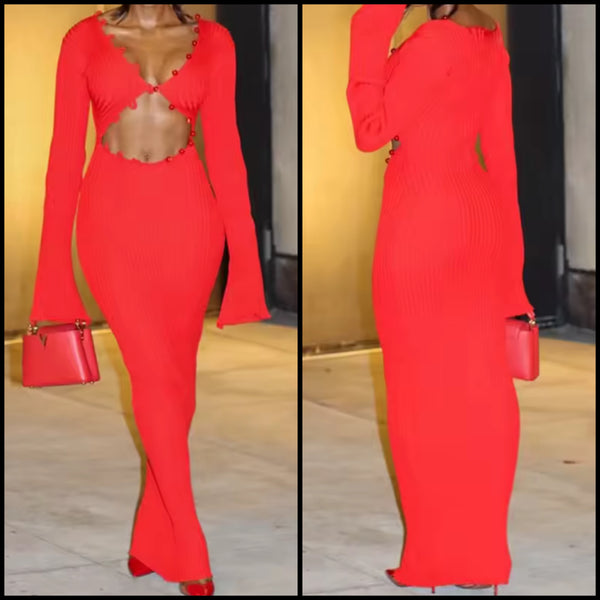 Women Red Cut Out Full Sleeve Sexy Maxi Dress