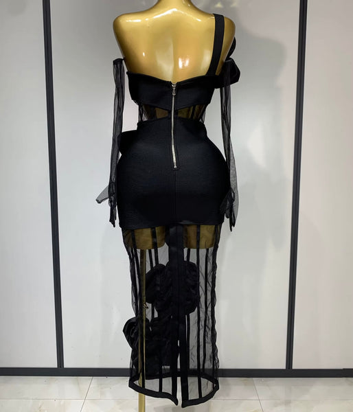Women Sexy Black One Shoulder 3D Floral Mesh Maxi Dress