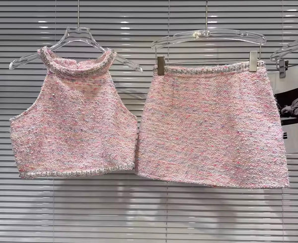 Women Color Bling Sleeveless Tweed Two Piece Skirt Set