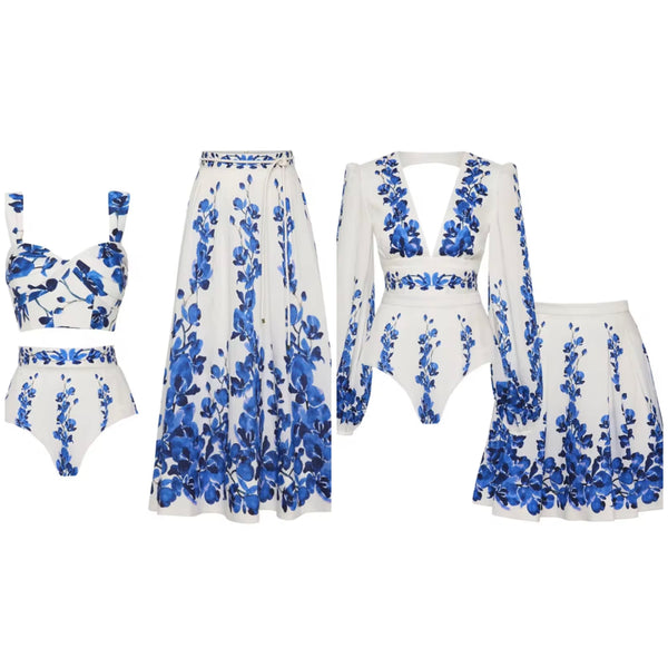 Women White Blue Floral Bikini/Swimsuit Cover Up Set