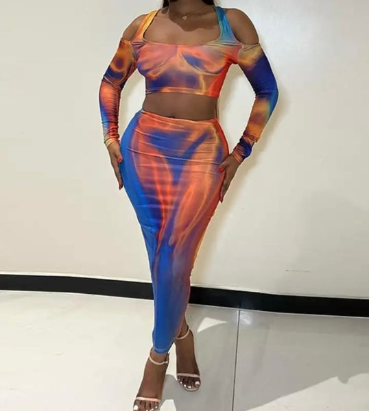 Women Sexy Multicolored Full Sleeve Crop Two Piece Skirt Set