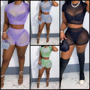 Women Sexy Short Sleeve See Through Mesh Two Piece Short Set