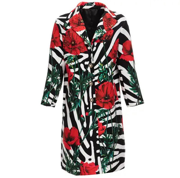 Women Fashion Floral Bling Button Up Trench Jacket