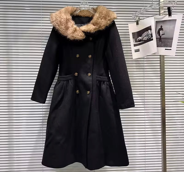 Women Faux Fur Patchwork Button Up Warm Wool Trench Jacket