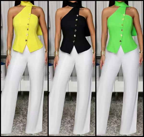 Women Button Up Halter Sleeveless Two Piece Pant Set