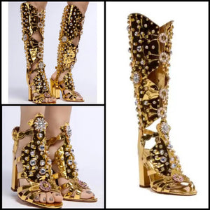 Women Fashion Open Toe Gold Rhinestone Detachable Boots