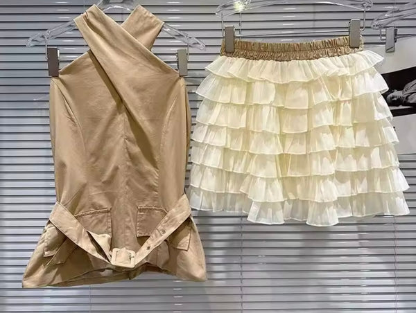 Women Sexy Halter Sleeveless Belted Two Piece Ruffled Skirt Set