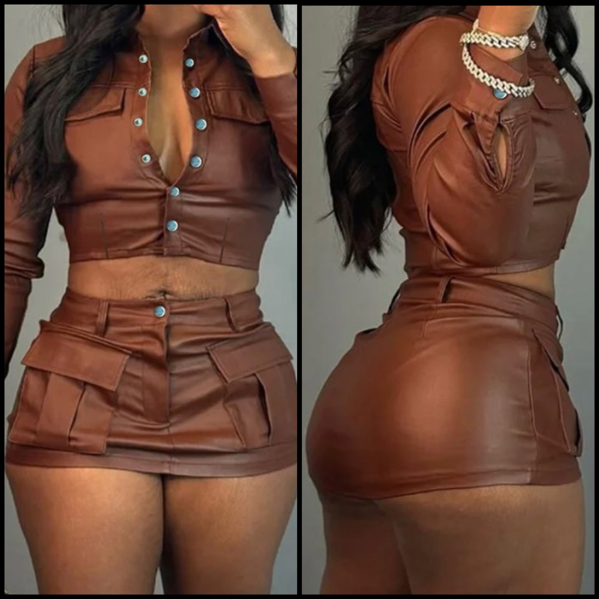 Women Brown Sexy Fashion Faux Leather Two Piece Skirt Set