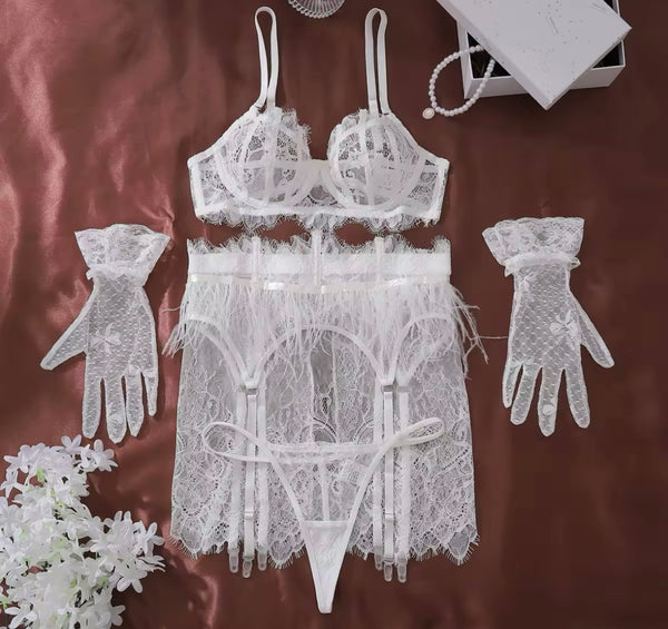 Women White Sexy Lace Glove Lingerie Set