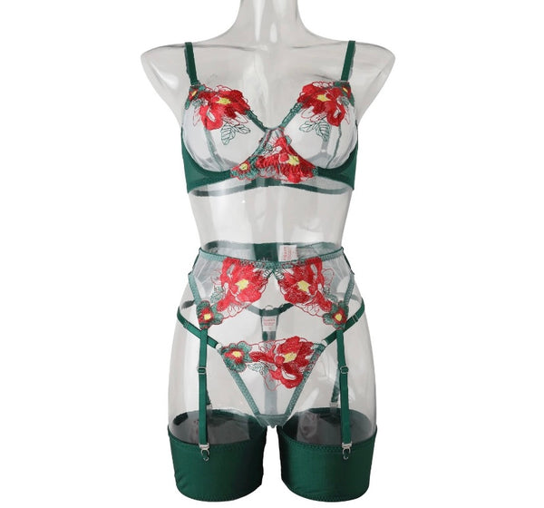 Women Sexy Green Floral G-String Lingerie Set