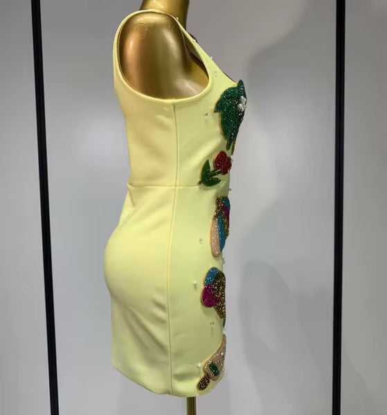 Women Sexy Sleeveless Yellow Beaded Rhinestone Dress