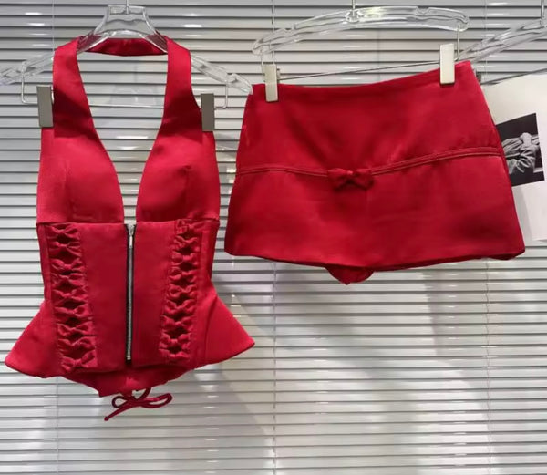 Women Red Halter Sleeveless Two Piece Sexy Skirt Set