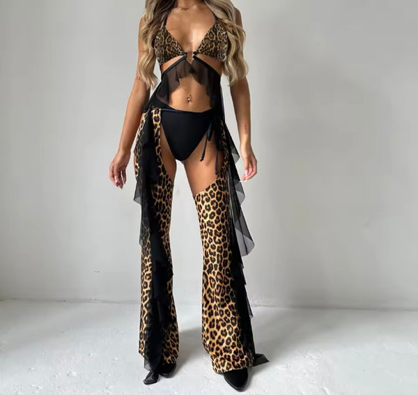 Women Sexy Halter Leopard Print Three Piece Lingerie Set