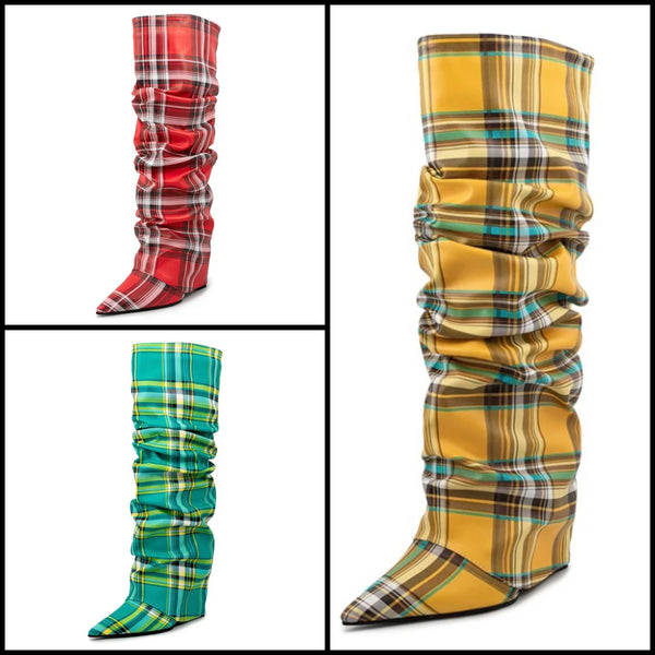 Women Fashion Color Plaid Wedge Platform Ruched Knee High Boots