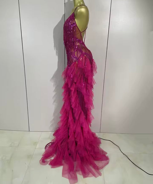 Women Halter Sleeveless Ruffle Rhinestone Tassel Maxi Dress