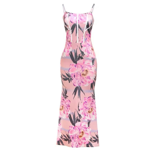 Women Sexy Sleeveless Pink Floral Print Maxi Dress