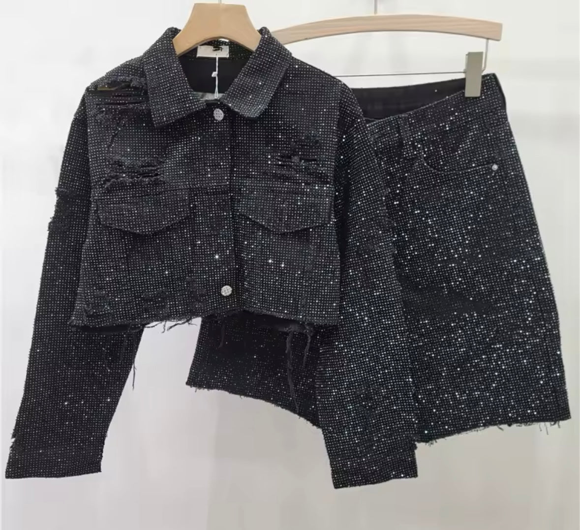 Women Fashion Ripped Bling Denim Jacket Two Piece Short Set