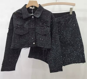 Women Fashion Ripped Bling Denim Jacket Two Piece Short Set