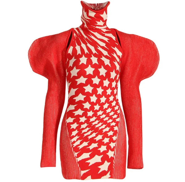 Women Sexy Turtleneck Printed Two Piece Dress