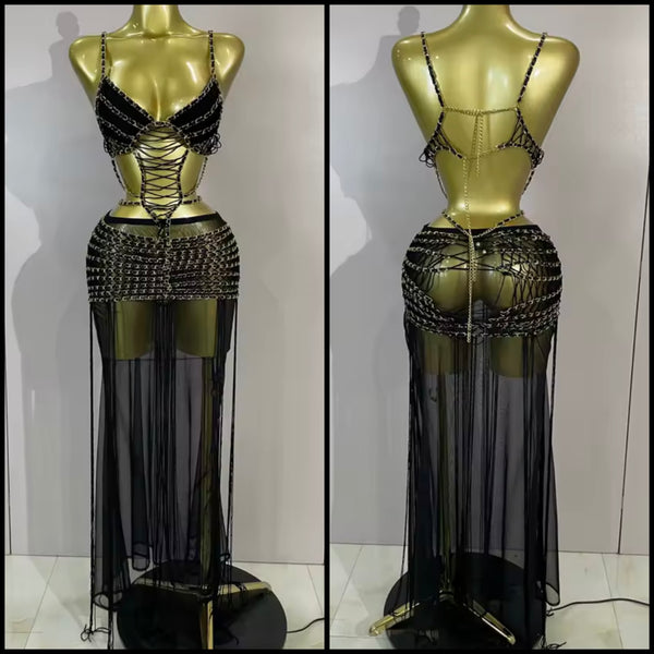 Women Black Sleeveless Chain Cut Out Sexy Maxi Dress