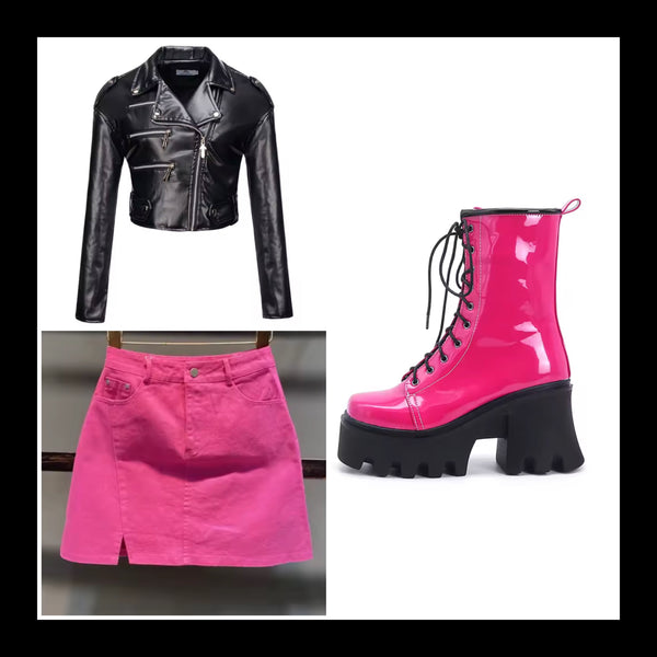 Women Fashion Patent Leather Lace Up Platform Ankle Boots