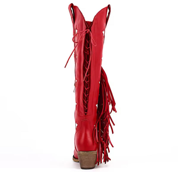 Women Fashion Star Fringe Tassel Knee High Western Boots