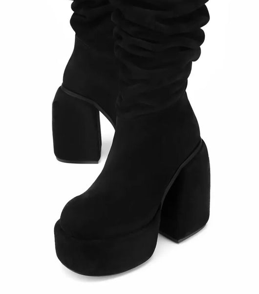 Women Fashion Suede Ruched Platform Square Heel Boots