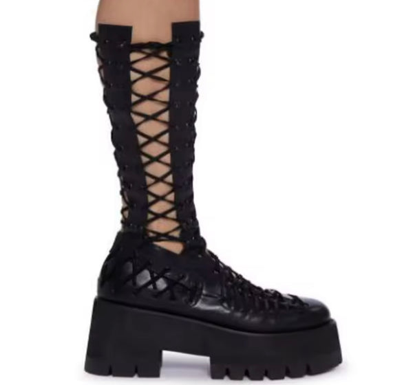 Women Black Platform Fashion Cut Out Lace Up Ankle Boots