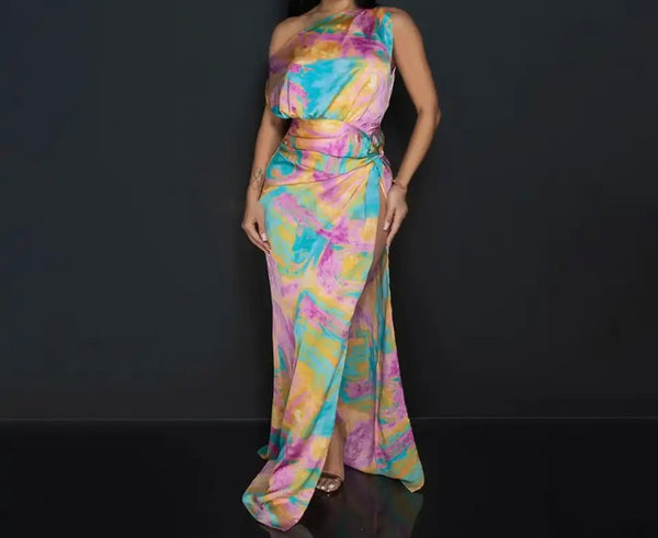 Women Sexy One Shoulder Sleeveless Multicolored Maxi Dress