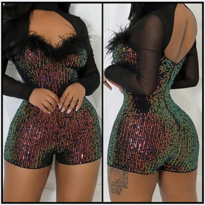 Women Sexy Feather Mesh Sequins Full Sleeve Romper