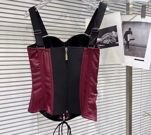 Women Sleeveless Rhinestone Faux Leather Corset Top