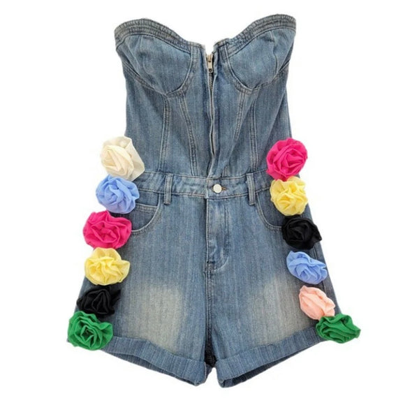 Women Fashion Front Zipper Floral Strapless Denim Romper