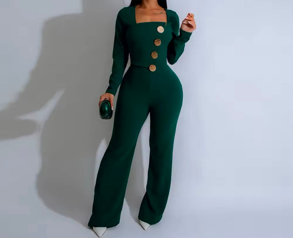 Women Color Button Full Sleeve Fashion Jumpsuit