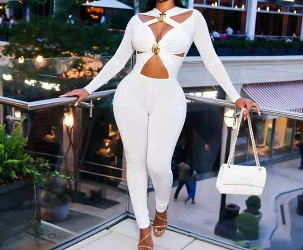 Women Sexy Metal Cut Out Full Sleeve Jumpsuit