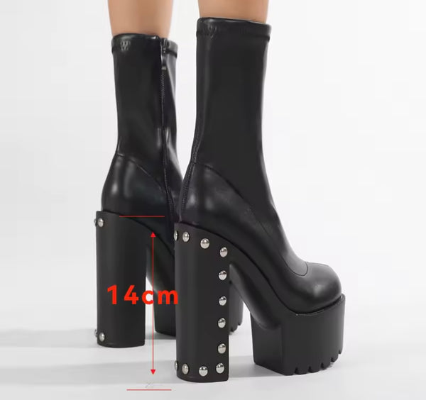 Women Fashion Black Platform Rivet High Heel Ankle Boots
