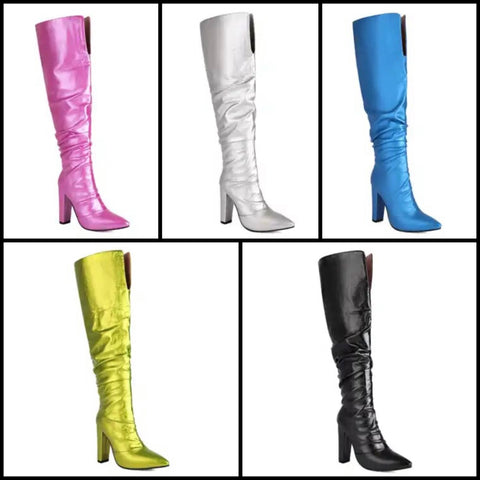 Women Pointed Toe Solid Color Fashion PU Knee High Boots