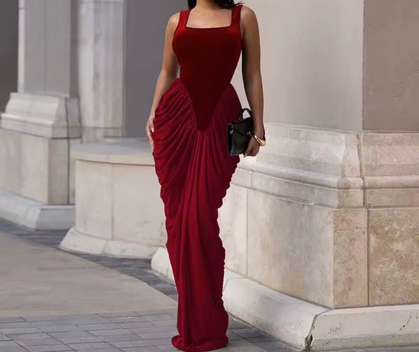 Women Sexy Sleeveless Velour Ruched Maxi Dress