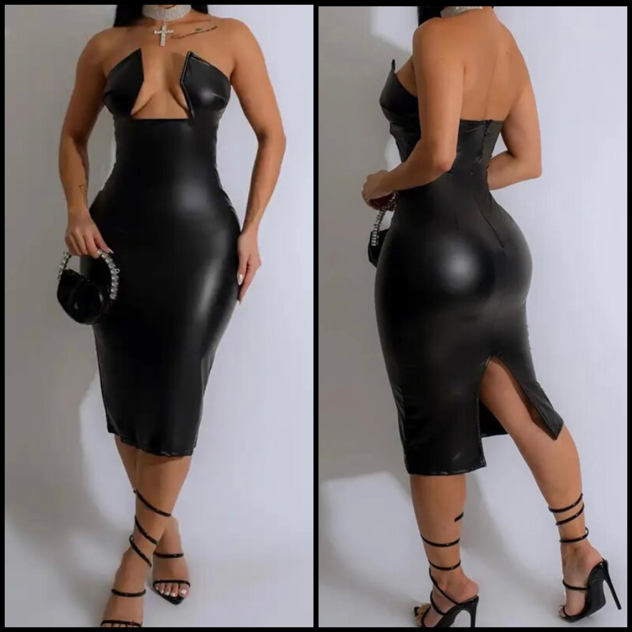 Women Sexy Strapless Black PU Dress