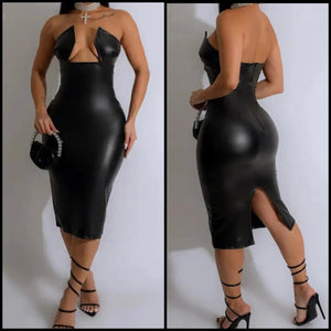 Women Sexy Strapless Black PU Dress