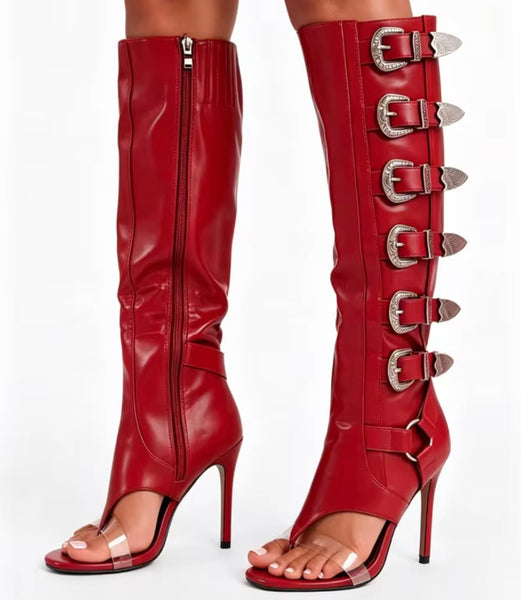 Women Fashion Open Toe Buckled Zip Up Knee High Boots