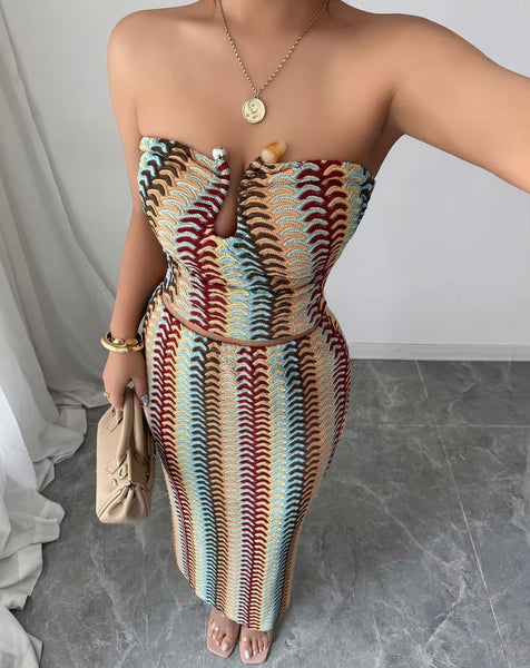 Women Sexy Strapless Colorful Striped Two Piece Maxi Skirt Set