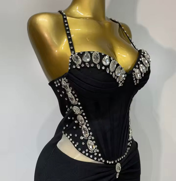 Women Sexy Sleeveless Mesh Rhinestone Patchwork Maxi Dress