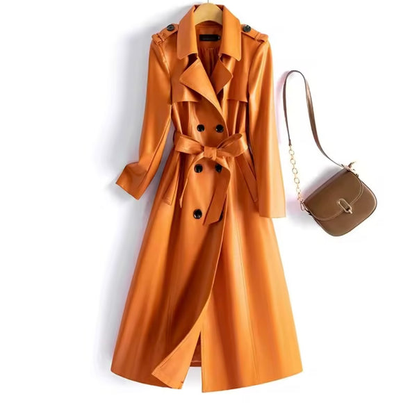 Women Color Fashion Faux Leather Trench Jacket