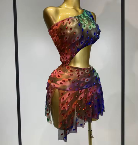 Women Colorful One Shoulder Sleeveless Rhinestone Dress
